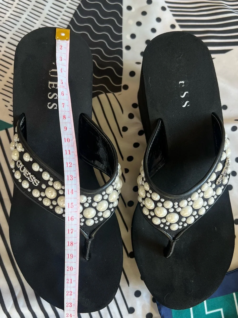GUESS Black Pearl-Embellished Thong Wedge Sandals